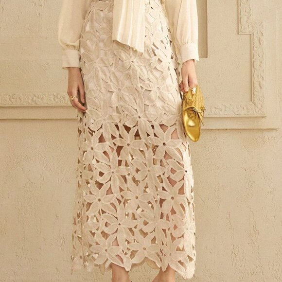 Khaki Casual Women's Floral Lace Cutout A-Line Skirt - Picture 8 of 9